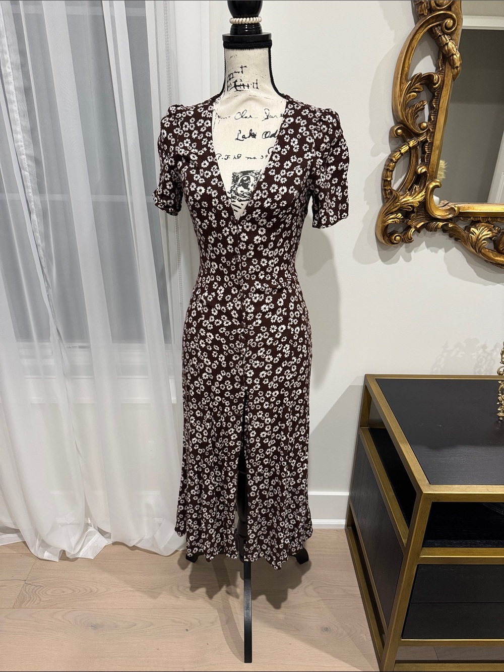 Reformation Brown Floral V-Neck Midi Dress